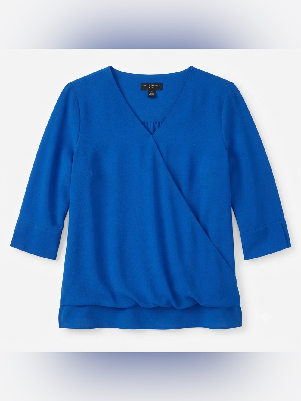 Investments Petites Blue Women's faux wrap crossover blouse, size medium petite